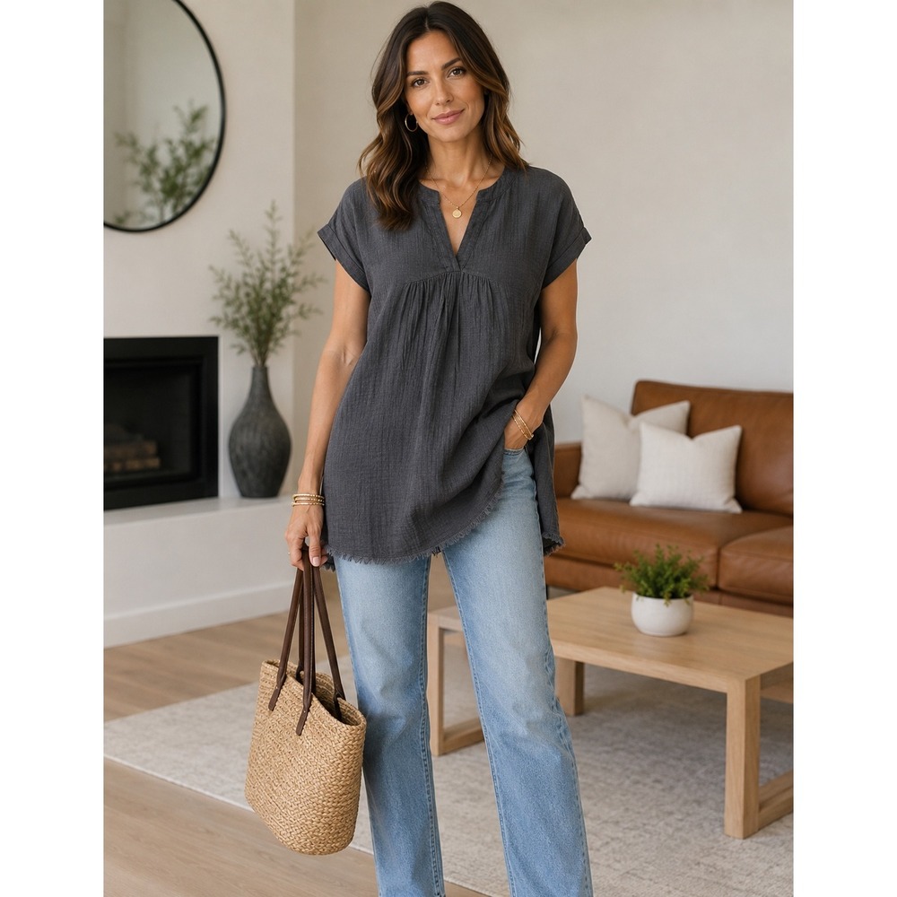Zenana Relaxed Fit Gauge Rolled Short Sleeve Raw Edge Mini V-Neck T-Shirt Dress‎